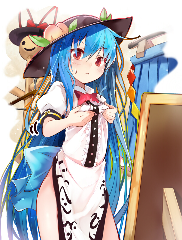 1girl bangs blue_hair blush bottomless bow breast_conscious breast_pinch center_frills curtains efe food fruit hat hat_ribbon hinanawi_tenshi long_hair mirror no_pants peach pelvic_curtain puffy_sleeves red_bow red_eyes red_ribbon ribbon self_fondle solo sweatdrop tears touhou very_long_hair