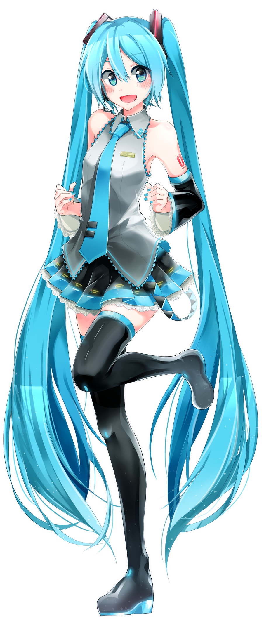 1girl :d agonasubi aqua_eyes bare_shoulders black_legwear black_skirt blue_hair blue_nails blush boots detached_sleeves hatsune_miku highres long_hair nail_polish necktie open_mouth pleated_skirt simple_background skirt smile solo standing_on_one_leg thigh-highs thigh_boots twintails very_long_hair vocaloid white_background zettai_ryouiki