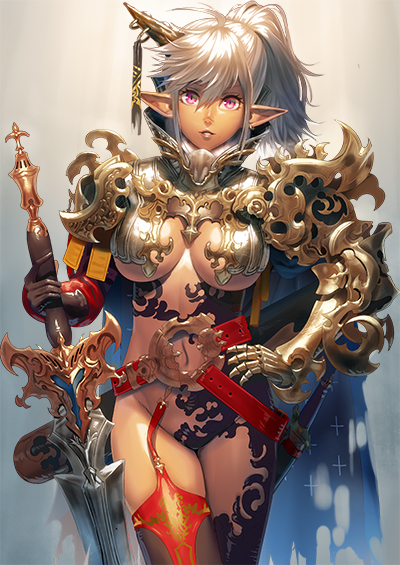1girl armor asymmetrical_armor asymmetrical_clothes bangs belt black_gloves breasts buckle cowboy_shot dark_skin earrings garter_straps gauntlets gloves gradient gradient_background hair_between_eyes hand_on_hip holding holding_sword holding_weapon horn horn_ring jewelry large_breasts long_hair looking_at_viewer navel ogino_(oginogino) original ponytail red_legwear revealing_clothes ribbon scabbard sheath single_glove single_thighhigh solo sword thigh-highs torn_cape under_boob unsheathed violet_eyes weapon