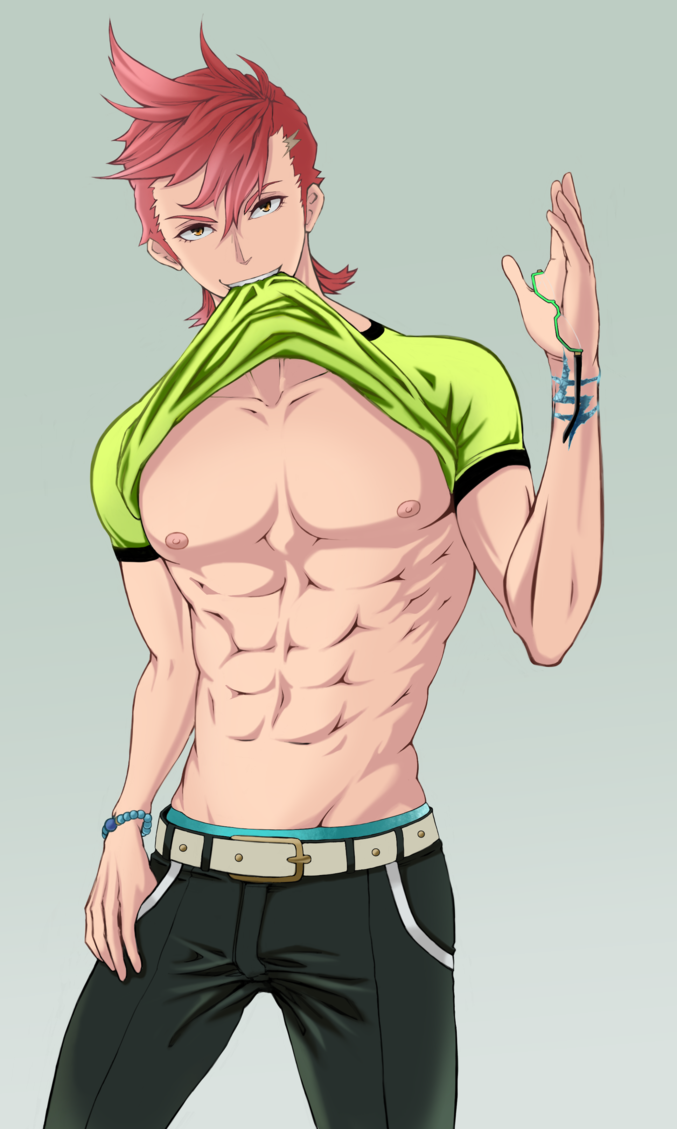 1boy abs glasses glasses_removed green-framed_glasses kiznaiver looking_at_viewer male_focus muscle nipples nitsu09 pink_hair shirt_lift smile solo spiky_hair tenga_hajime yellow_eyes