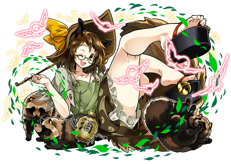 1girl ;d animal_ears brown_eyes brown_hair collarbone commentary_request full_body futatsuiwa_mamizou glasses gourd hat hat_ribbon holding_pipe izuna_nie kiseru leaf leaf_on_head looking_at_viewer one_eye_closed open_mouth pipe raccoon_ears raccoon_tail ribbon short_hair smile smoking_pipe solo tail tanuki touhou white_background