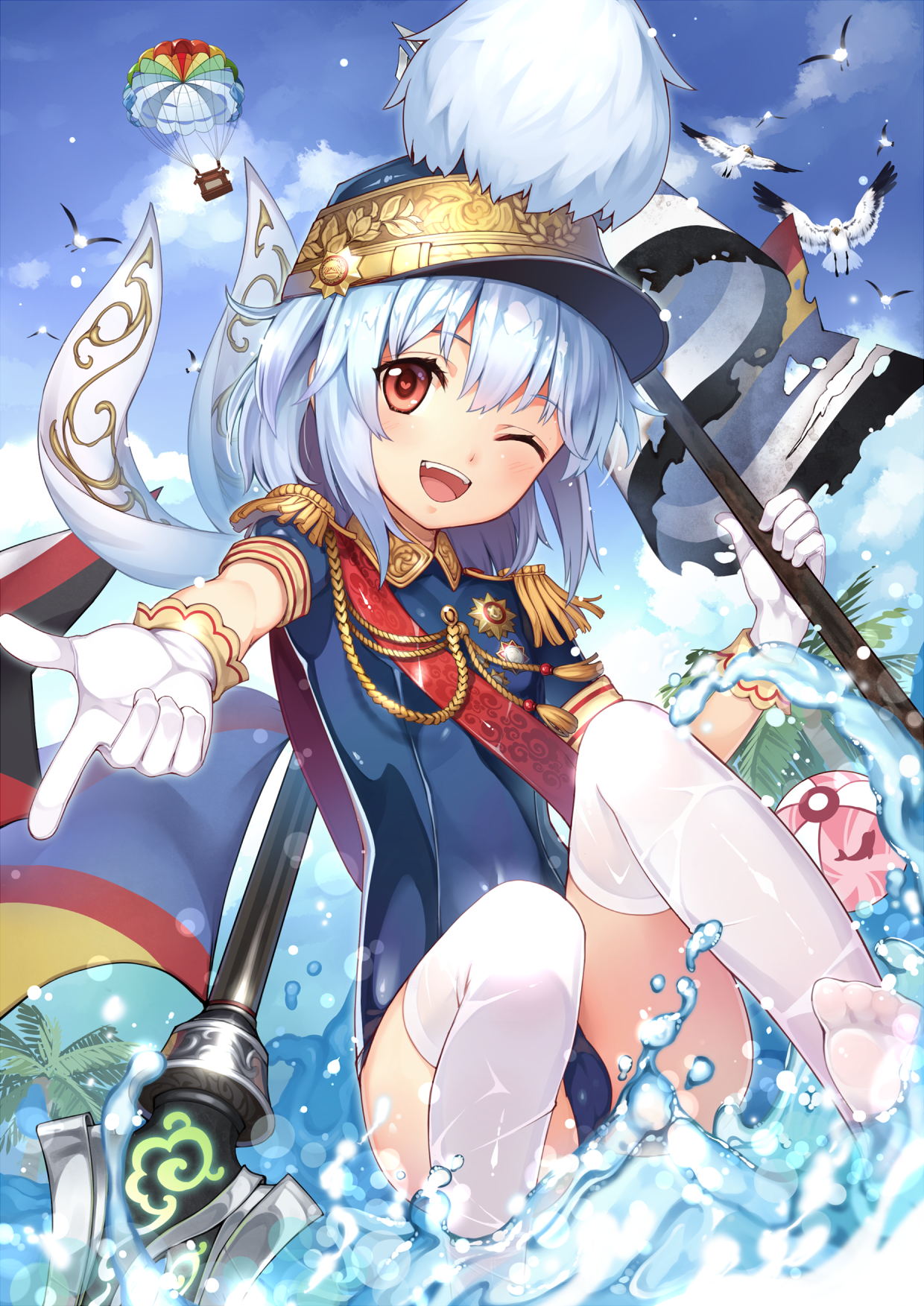 1girl :d aiguillette band_uniform bird blue_hair blush clouds epaulettes gloves hat heart heart-shaped_pupils highres holding hot_air_balloon looking_at_viewer no_shoes one-piece_swimsuit one_eye_closed open_mouth original palm_tree red_eyes seagull short_hair sky smile solo swimsuit symbol-shaped_pupils thigh-highs tree tsubasa_tsubasa wet wet_clothes white_gloves white_legwear