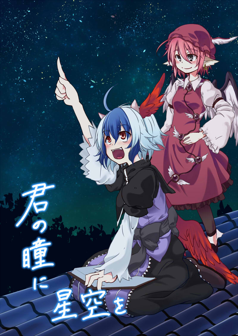 2girls amagase_lyle bird_ears bird_wings cover cover_page hand_on_hip hat hat_feather head_wings mob_cap multicolored_hair multiple_girls mystia_lorelei night night_sky on_roof pointing sky tokiko_(touhou) touhou two-tone_hair white_hair wings