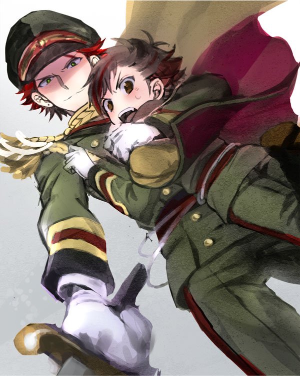 2boys black_hair ensemble_stars! epaulettes from_below gloves kiryuu_kurou looking_at_viewer looking_down male_focus matching_outfit military military_uniform multicolored_hair multiple_boys nagumo_tetora red_eyes redhead rice_(rice8p) streaked_hair sweatdrop uniform white_gloves