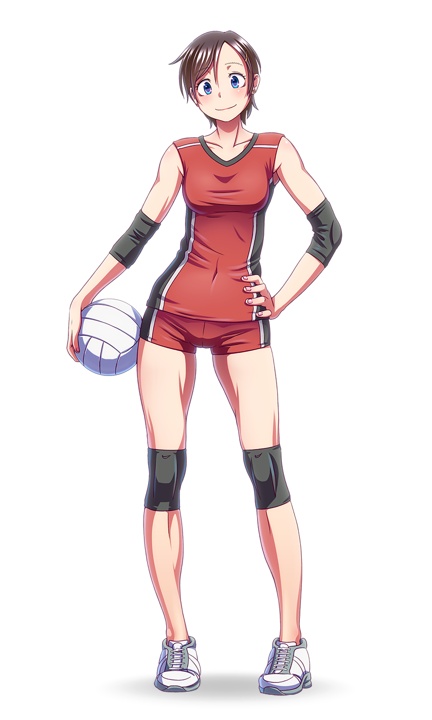 1girl blue_eyes blush brown_hair covered_navel earrings elbow_pads full_body hair_ornament hairclip hand_on_hip highres jewelry knee_pads looking_at_viewer no_socks original shoes short_hair shorts simple_background sleeveless smile sneakers solo sportswear thigh_gap tomboy volleyball volleyball_uniform wokada