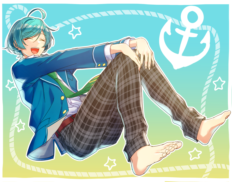 1boy anchor aqua_hair barefoot blue_hair closed_eyes ensemble_stars! green_necktie hands_on_own_knees male_focus necktie open_mouth pants plaid plaid_pants rope school_uniform shinkai_kanata smile solo star tubuan_oisii