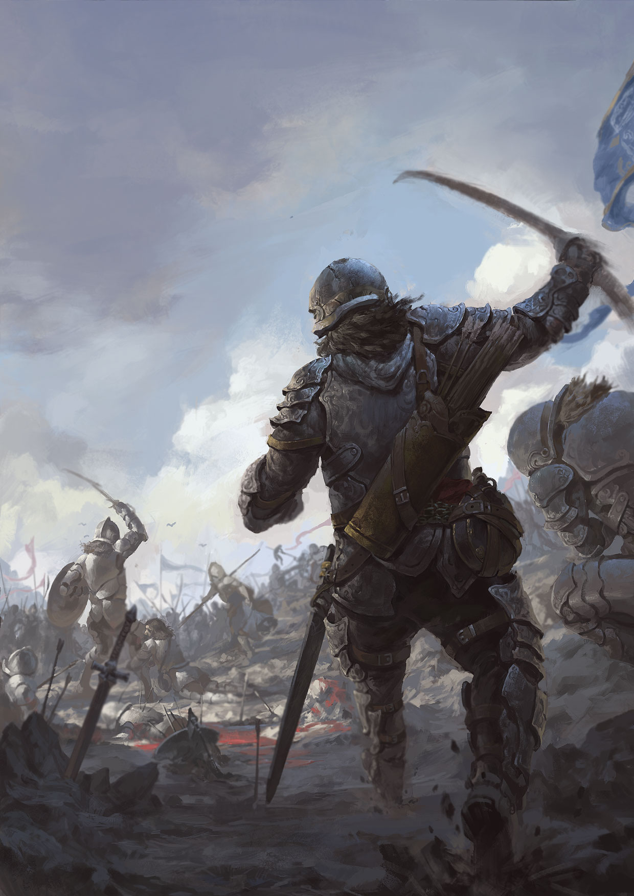 6+boys armor armored_boots arrow arrow_in_body banner battle beard black_hair blood blurry boots bow_(weapon) breastplate canteen clouds death depth_of_field facial_hair flag gauntlets helmet highres kneeling knight long_hair multiple_boys original polearm quiver running sanyuejiuri scenery shield sky soldier spear war weapon