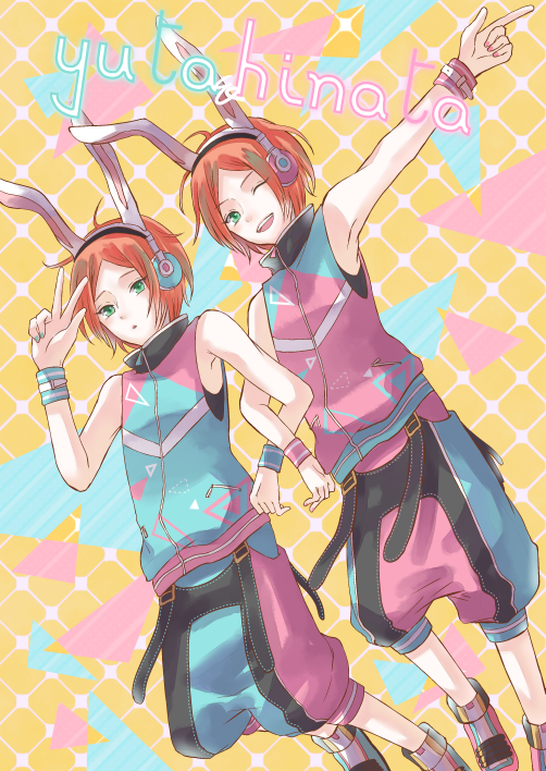 2boys ;) animal_ears aoi_hinata aoi_yuuta armband belt brothers ensemble_stars! green_eyes headphones kikoku_shijo locked_arms looking_at_viewer male_focus multiple_boys one_eye_closed orange_hair puffy_pants rabbit_ears short_hair siblings sleeveless smile v