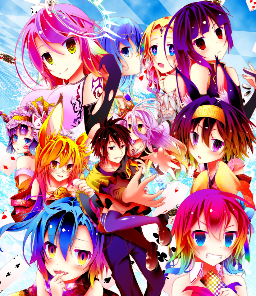 3boys 6+girls animal_ears bare_shoulders beard blonde_hair blue_eyes blue_hair blush breasts bridal_gauntlets brown_eyes brown_hair card chess_piece clammy_zell crown elf facial_hair fangs feel_nilvalen fox_ears fox_mask frown glasses gloves gradient_eyes gradient_hair grey_hair hairband halo hatsuse_ino hatsuse_izuna horou_(no_game_no_life) jewelry jibril_(no_game_no_life) laira_(no_game_no_life) large_breasts long_hair magic_circle mask miko_(no_game_no_life) mimi0846 multicolored_eyes multicolored_hair multiple_boys multiple_girls no_game_no_life off_shoulder open_mouth otoko_no_ko pink_hair plum_(no_game_no_life) pointy_ears purple_hair red_eyes redhead school_uniform serafuku shiro_(no_game_no_life) shirt short_hair smile sora_(no_game_no_life) spiky_hair stephanie_dora symbol-shaped_pupils t-shirt tattoo thigh-highs very_long_hair wavy_hair wing_ears yellow_eyes