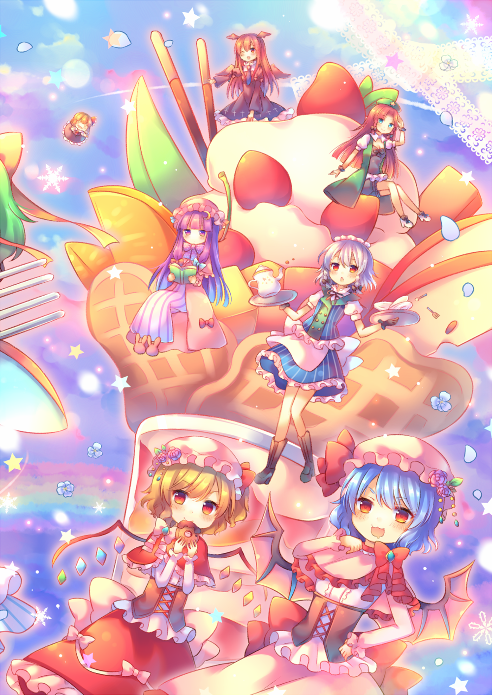 6+girls adapted_costume bat_wings black_dress blonde_hair blue_eyes blue_hair book braid capelet coat corset crescent daiyousei doughnut dress drooling eating flandre_scarlet flat_chest flying_sweatdrops food green_dress hair_ribbon hat highres hong_meiling ice_cream izayoi_sakuya juliet_sleeves koakuma long_hair long_sleeves maid maid_headdress mob_cap multiple_girls open_book open_clothes open_coat patchouli_knowledge pink_dress pjrmhm_coa pocky puffy_sleeves purple_hair reading red_dress red_eyes redhead remilia_scarlet ribbon rumia silver_hair sitting smile star striped striped_dress sundae teapot touhou tray twin_braids very_long_hair violet_eyes whipped_cream wide_sleeves wings