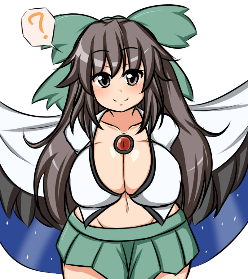 1girl ? arms_behind_back bird_wings blush bow breasts brown_eyes brown_hair c: cape cleavage collarbone covered_nipples curvy hair_bow huge_breasts large_bow long_hair looking_at_viewer microskirt midriff moyashi_udon navel reiuji_utsuho skirt smile solo spoken_question_mark third_eye toned touhou wide_hips wings