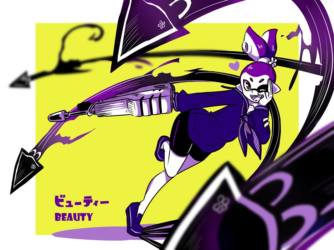 1boy androgynous beauty_(zoza) character_name domino_mask echolocater_(splatoon) fangs flower hair_flower hair_ornament hand_on_own_face holding holding_weapon looking_at_viewer mask neckerchief one_eye_closed paint_gun pointy_ears purple_hair running school_uniform scrunchie serafuku shoes shorts single_vertical_stripe solo splatoon standing tentacle_hair topknot violet_eyes zoza