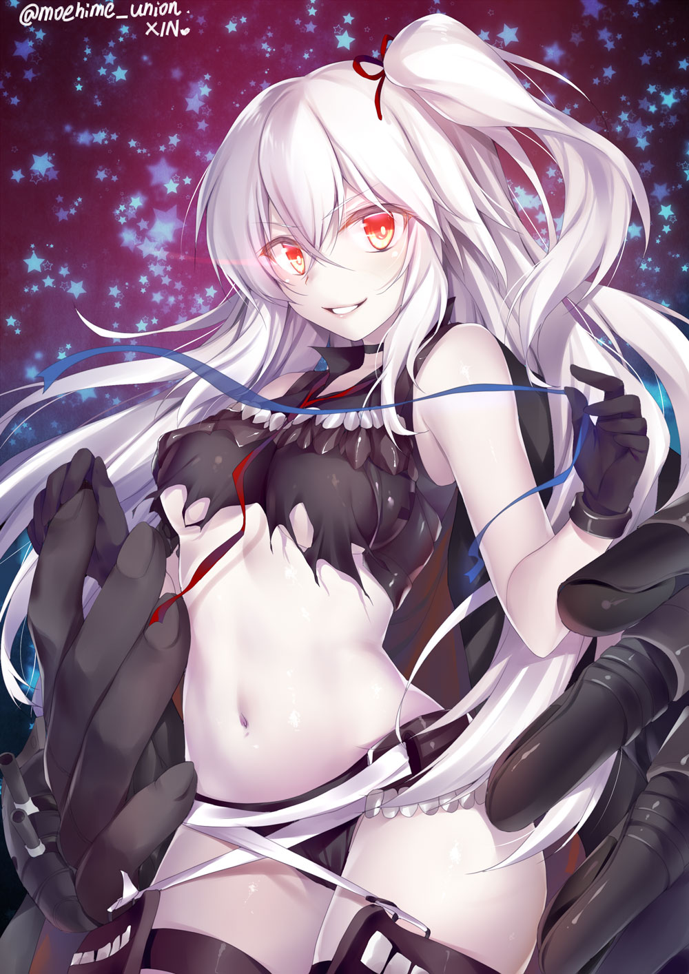 1girl breasts destroyer_water_oni gloves glowing glowing_eyes highres kantai_collection long_hair obiwan pale_skin red_eyes shinkaisei-kan side_ponytail sleeveless smile solo twitter_username under_boob white_hair