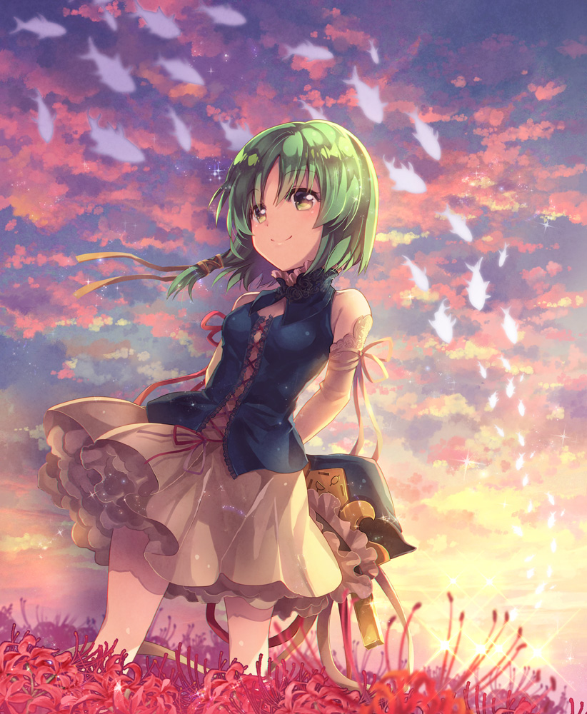 1girl arms_behind_back bare_shoulders clouds cloudy_sky dress elbow_gloves field fish flower flower_field flying_fish gloves green_eyes green_hair hair_ribbon hat hat_removed headwear_removed outdoors petticoat red_ribbon ribbon shiki_eiki short_dress sidelocks sky smile solo spider_lily standing sun sunset touhou tress_ribbon white_dress white_gloves yamadori_ofuu