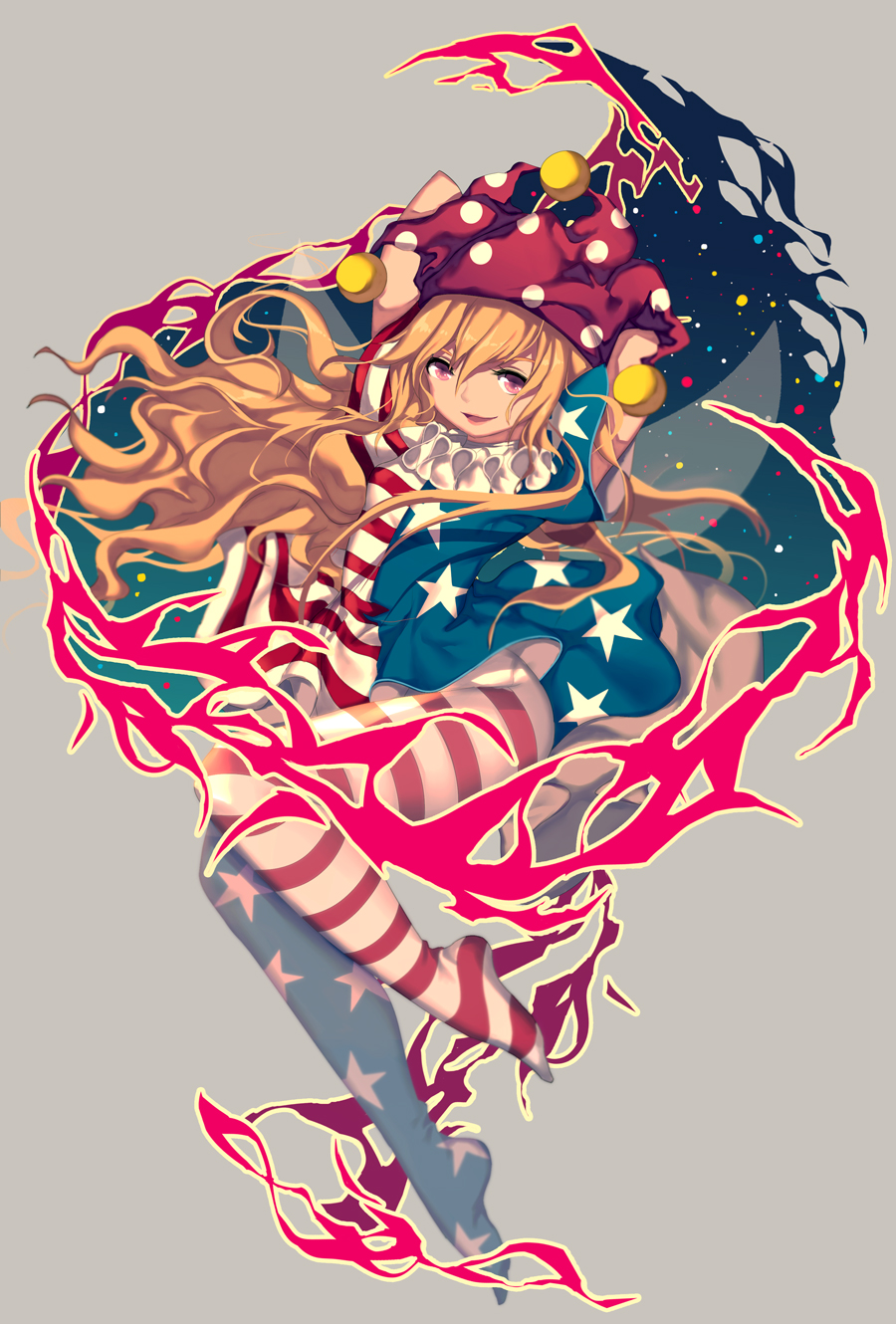 1girl american_flag american_flag_dress american_flag_legwear arms_behind_head arms_up blonde_hair clownpiece collar dress fairy_wings frilled_collar frills hat highres jester_cap leggings long_hair looking_at_viewer neck_ruff open_mouth pantyhose pink_eyes polka_dot pose short_sleeves smile solo star touhou wind wind_lift wings xianguang