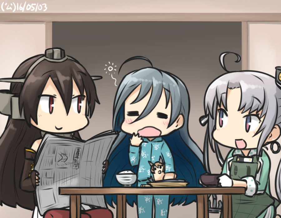 3girls ahoge akitsushima_(kantai_collection) apron black_hair breakfast commentary dated elbow_gloves gloves grey_hair hamu_koutarou hat headgear kantai_collection kiyoshimo_(kantai_collection) long_hair multiple_girls mutsu_(kantai_collection) mutsu_(snail) nagato_(kantai_collection) newspaper pajamas red_eyes rice_bowl side_ponytail table violet_eyes
