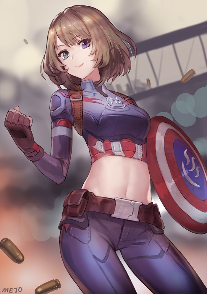 captain_america captain_america_(cosplay) cosplay heterochromia idolmaster idolmaster_cinderella_girls marvel meto31 midriff mole mole_under_eye onsen_symbol pants shield takagaki_kaede