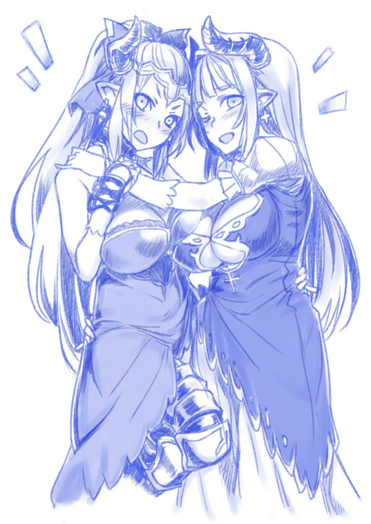 2girls aleeza_(granblue_fantasy) alicia_(granblue_fantasy) blue breasts cleavage dress earrings gloves granblue_fantasy headpiece horns jewelry large_breasts long_hair moku_(racie45bv) monochrome mother_and_daughter multiple_girls open_mouth pointy_ears simple_background under_boob white_background
