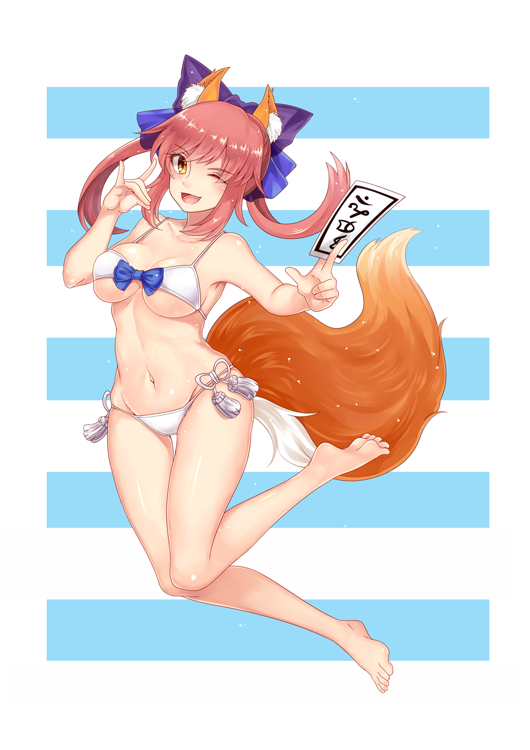 1girl \m/ animal_ears bikini breasts caster_(fate/extra) cleavage collarbone fang fate/extra fate/extra_ccc fate/grand_order fate_(series) fox_ears fox_tail groin hair_ribbon highres ki_(jikexiuga) large_breasts looking_at_viewer navel one_eye_closed open_mouth pink_hair ribbon solo swimsuit tail under_boob yellow_eyes
