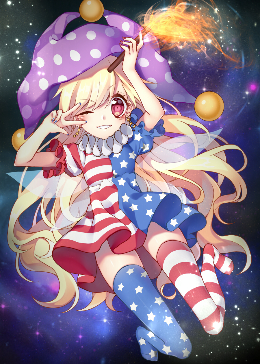 1girl alternate_legwear american_flag_dress american_flag_legwear blonde_hair clownpiece dress earrings fairy_wings fire hat highres jester_cap jewelry kyouda_suzuka long_hair looking_at_viewer nail_polish neck_ruff one_eye_closed polka_dot red_eyes short_dress short_sleeves smile solo star star_earrings striped teeth thigh-highs torch touhou v very_long_hair wings