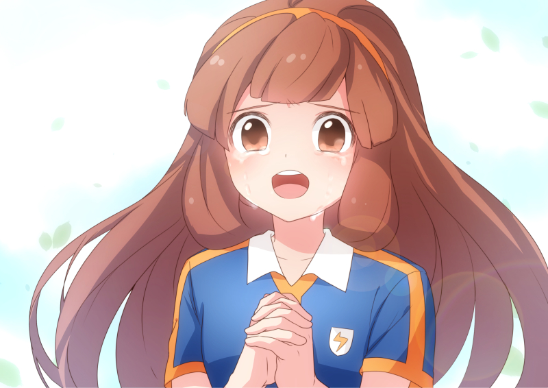 1girl brown_eyes brown_hair crying crying_with_eyes_open hands_together headband inazuma_eleven_(series) inazuma_eleven_go inazuma_eleven_go_chrono_stone long_hair looking_at_viewer nanobana_kinako open_mouth raimon raimon_soccer_uniform soccer_uniform solo sportswear t_(toddy_t) tears upper_body