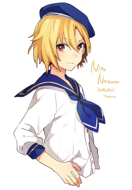 1boy blonde_hair character_name ensemble_stars! hat looking_at_viewer male_focus nito_nazuna sailor sailor_hat simple_background solo tama_(songe) white_background