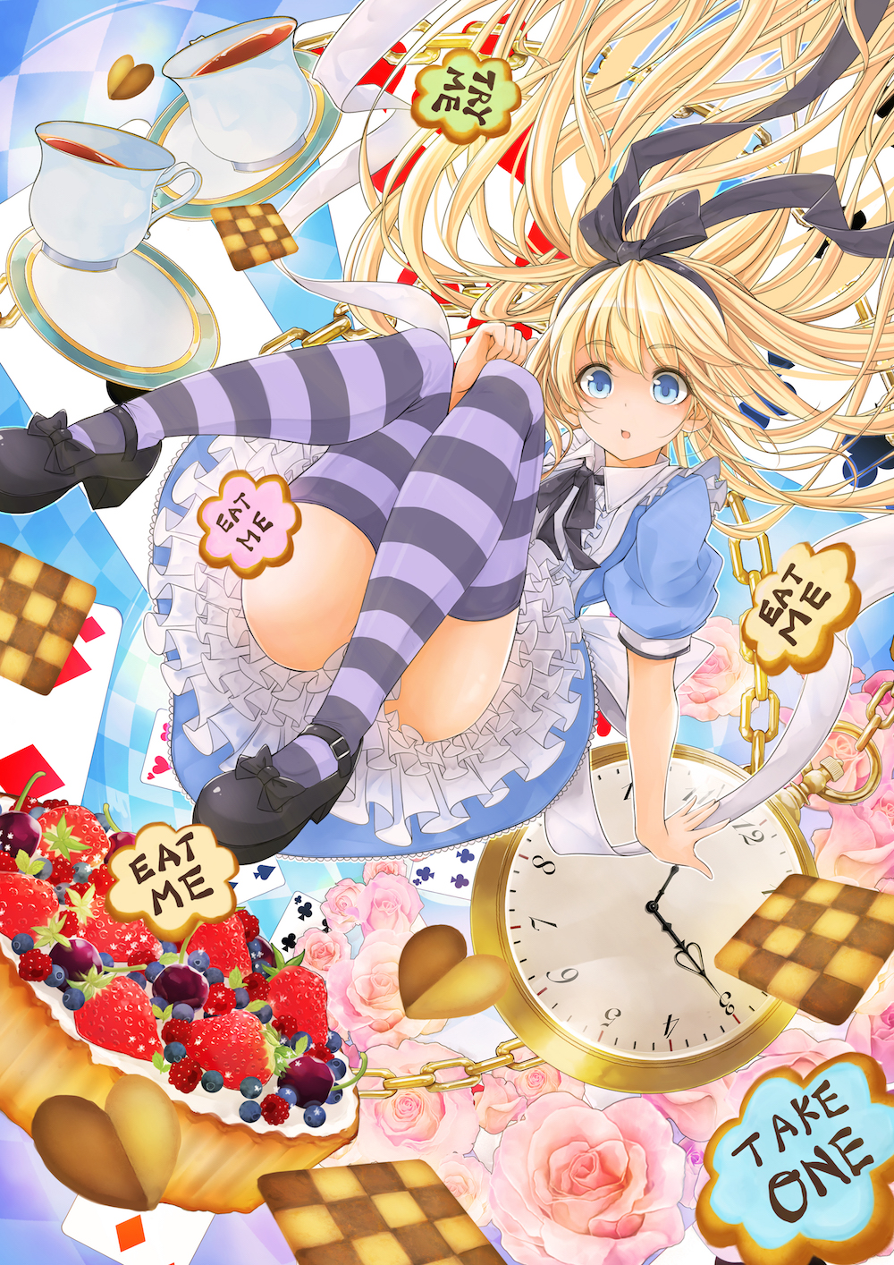 1girl alice_(wonderland) alice_in_wonderland analog_clock black_tea blue_eyes cake card chain checkerboard_cookie chestnut_mouth clock cookie cup eat_me english flower food hair_ribbon highres long_hair maru-pen open_mouth pink_rose playing_card pocket_watch ribbon rose saucer solo striped striped_legwear tart_(food) tea teacher teacup thigh-highs thighs upskirt very_long_hair watch