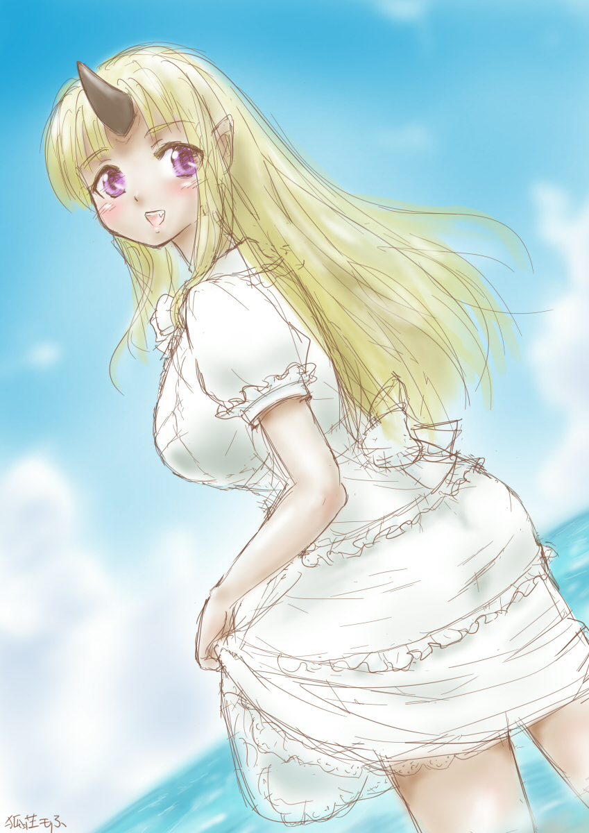 1girl :d blonde_hair blue_sky clouds dark_skin dress fang frilled_dress frills from_side highres horn long_hair looking_at_viewer looking_to_the_side mofumofu_kitsune monster_musume_no_iru_nichijou open_mouth pointy_ears signature sketch skirt_hold sky smile solo tionishia violet_eyes wading water white_dress