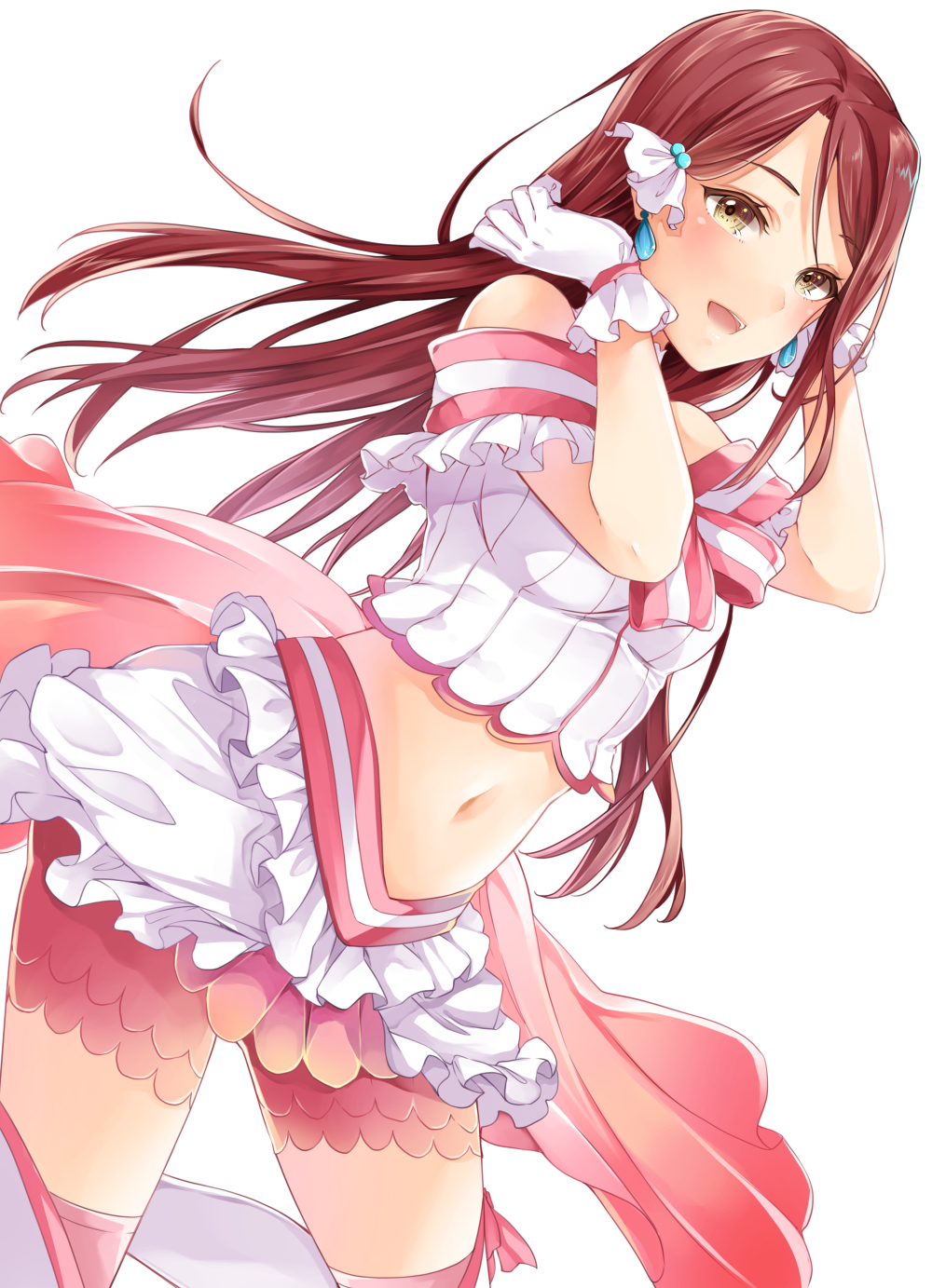 1girl :d blush brown_eyes crop_top earrings frilled_skirt frills gloves hair_ornament hairclip hands_in_hair highres jewelry koi_ni_naritai_aquarium layered_skirt long_hair looking_at_viewer love_live!_school_idol_project love_live!_sunshine!! midriff navel off-shoulder_shirt open_mouth pink_legwear redhead sakurauchi_riko shirt simple_background skirt smile solo stomach tareme thigh-highs white_background white_gloves white_shirt white_skirt yumari_nakura zettai_ryouiki