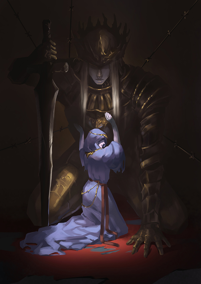 2boys armor artist_request brothers commentary_request dark_souls_iii height_difference helm helmet kneeling long_hair lorian_(elder_prince) lothric_(younger_prince) multiple_boys robe siblings souls_(from_software) sword weapon white_hair
