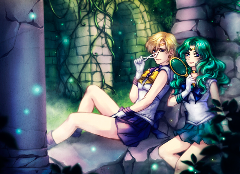 2girls bishoujo_senshi_sailor_moon blonde_hair blue_eyes blue_skirt choker circlet column crescent crescent_earrings deep_aqua_mirror earrings elena_ivlyushkina gloves grass green_hair jewelry kaiou_michiru mask mask_removed miniskirt mirror multiple_girls outer_senshi pillar plant pleated_skirt ribbon sailor_collar sailor_neptune sailor_senshi sailor_uranus short_hair sitting skirt smile star ten'ou_haruka vines white_gloves