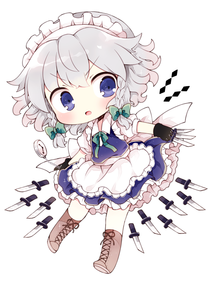 &gt;:o 1girl :o apron bangs between_fingers black_gloves blue_eyes blush boots bow braid brown_boots chibi cross-laced_footwear curly_hair frilled_apron frills full_body gloves green_bow hair_bow izayoi_sakuya knee_boots knife knives_between_fingers kyou_(nekoneko) lace-up_boots looking_to_the_side maid maid_headdress open_mouth petticoat pocket_watch puffy_short_sleeves puffy_sleeves short_hair short_sleeves side_braid silver_hair simple_background solo touhou twin_braids watch weapon white_background