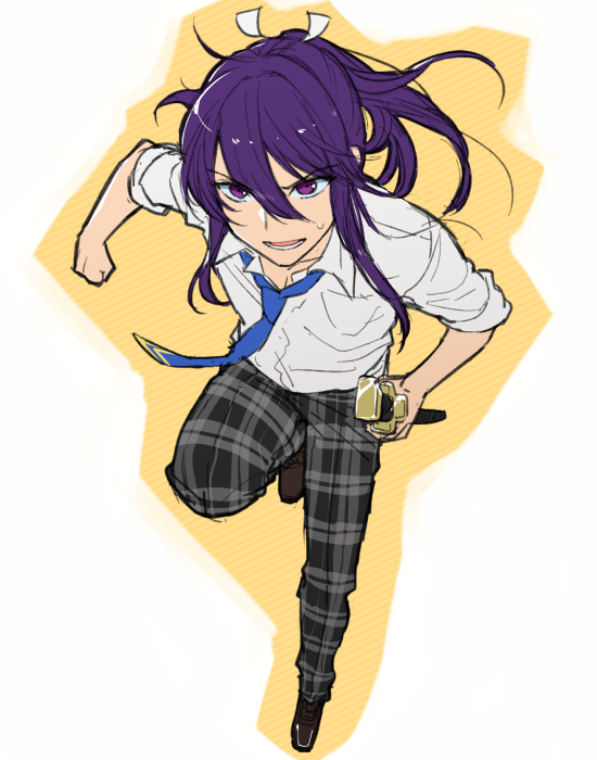 1boy dress_shirt ensemble_stars! full_body hair_ribbon holding holding_weapon kanzaki_souma male_focus neck outline pants plaid plaid_pants ponytail purple_hair ribbon running shirt solo sweatdrop sword tubuan_oisii violet_eyes weapon