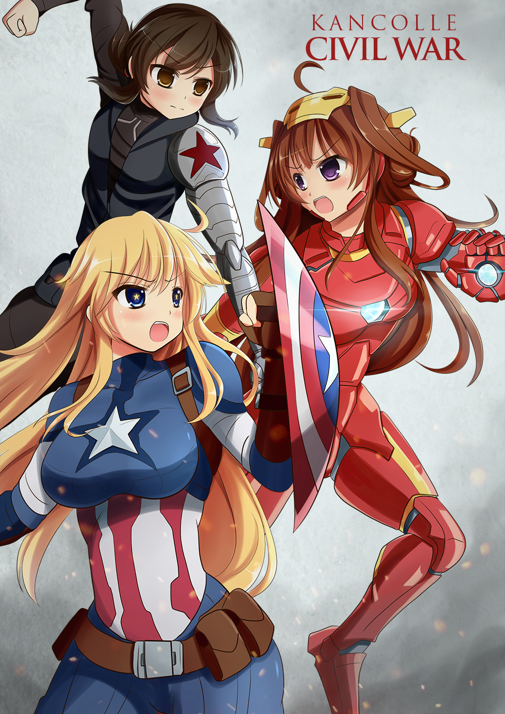 ahoge black_hair blonde_hair blue_eyes breasts brown_eyes brown_hair captain_america captain_america_(cosplay) captain_america_civil_war crossover fubuki_(kantai_collection) highres iowa_(kantai_collection) iron_man iron_man_(cosplay) kantai_collection kongou_(kantai_collection) large_breasts marvel setia_pradipta shield star star-shaped_pupils symbol-shaped_pupils violet_eyes winter_soldier winter_soldier_(cosplay)