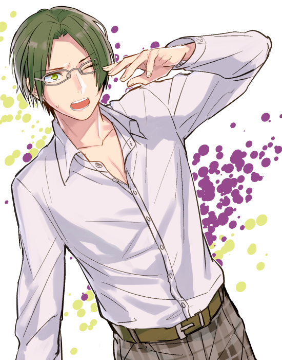 1boy belt dress_shirt ensemble_stars! glasses green_eyes green_hair hasumi_keito male_focus one_eye_closed pants plaid plaid_pants school_uniform shirt solo tubuan_oisii