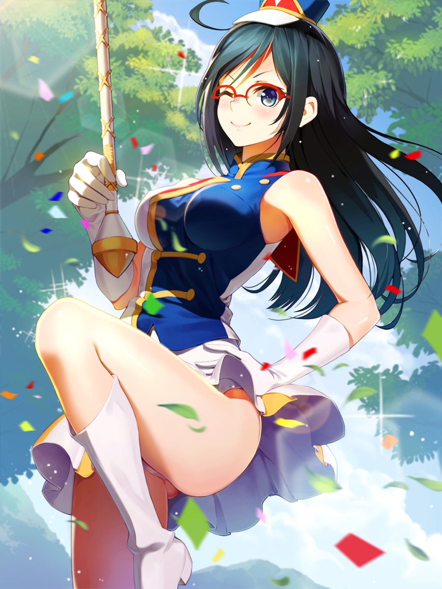1girl ass_visible_through_thighs band_uniform black_hair blue_eyes breasts glasses gloves hat hibike!_euphonium highres large_breasts long_hair one_eye_closed over-rim_glasses panties pantyshot red-framed_glasses semi-rimless_glasses solo tanaka_asuka underwear vmax-ver
