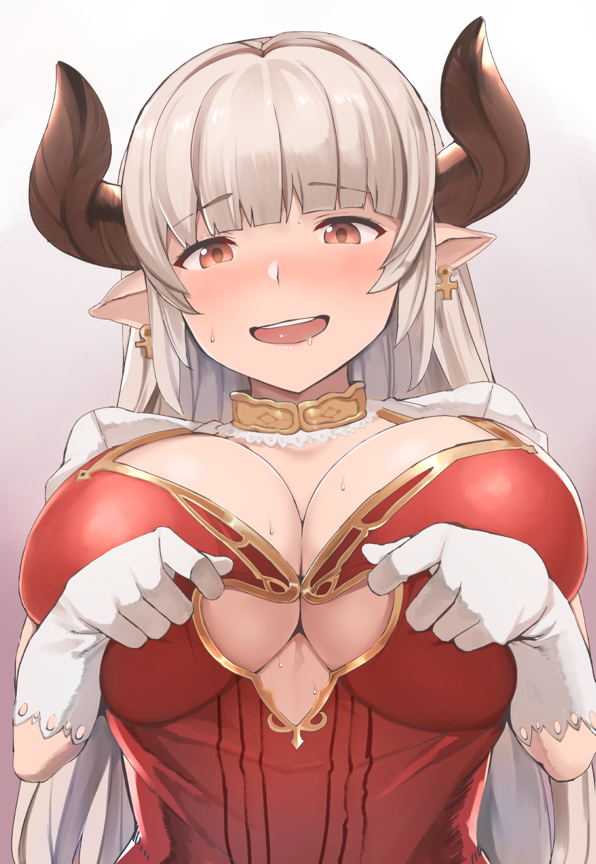 1girl alicia_(granblue_fantasy) blush breasts center_opening cleavage dress earrings gloves granblue_fantasy highres horns jewelry large_breasts long_hair looking_at_viewer nuko_(mikupantu) open_mouth pointy_ears red_eyes silver_hair simple_background smile solo tug white_gloves
