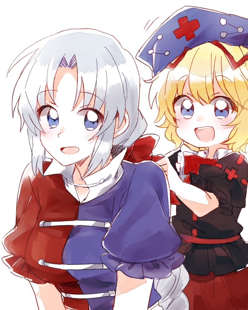 2girls :d blonde_hair constellation hat headwear_removed medicine_melancholy multiple_girls nurse_cap open_mouth puffy_short_sleeves puffy_sleeves red_cross ribbon short_sleeves silver_hair simple_background six_(fnrptal1010) smile touhou trigram white_background yagokoro_eirin