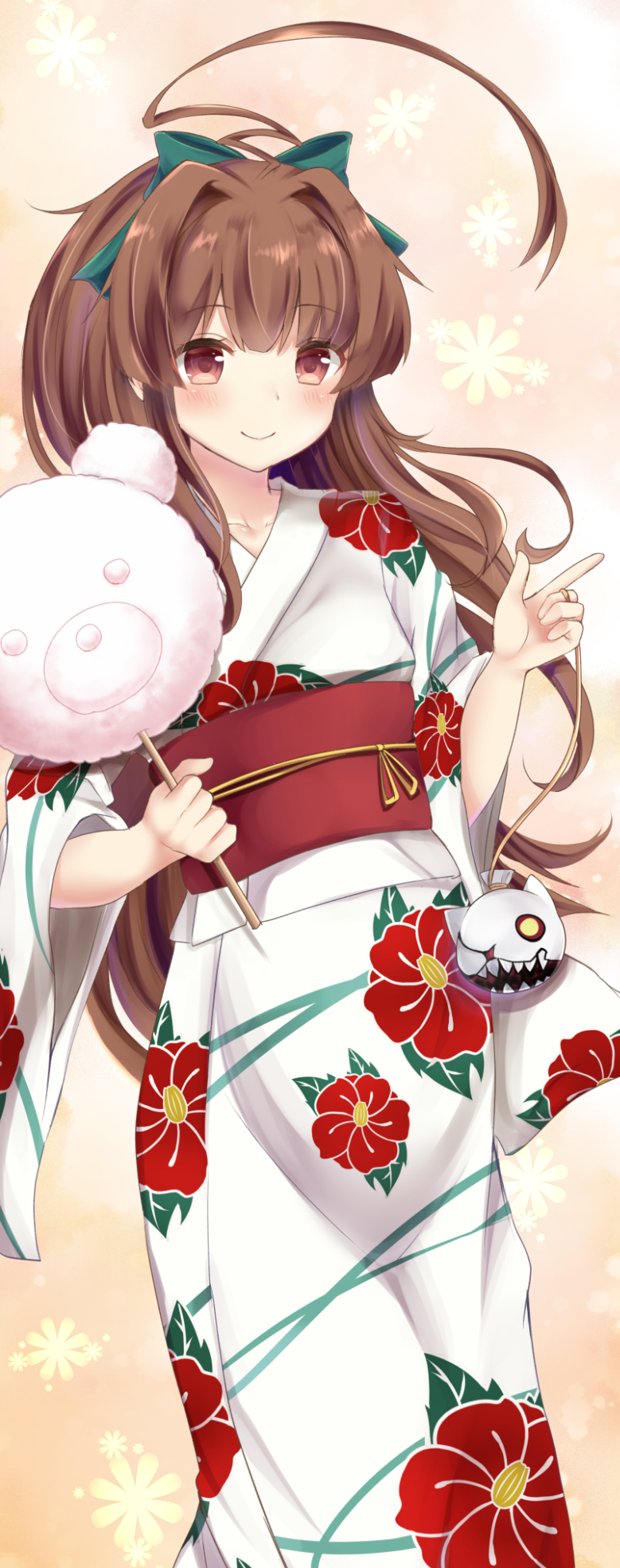 1girl ahoge bow brown_eyes brown_hair cotton_candy floral_background floral_print hair_bow highres japanese_clothes kantai_collection kimono kuma_(kantai_collection) long_hair looking_at_viewer masakazu_(coccinellee) raised_hand ribbon smile solo water_balloon