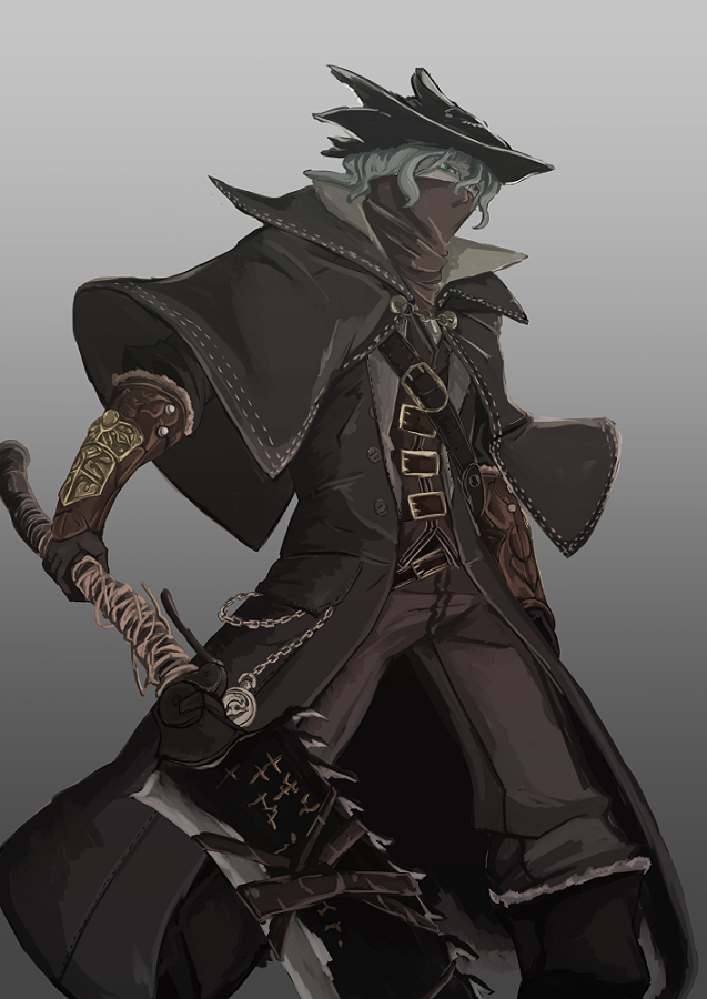 1boy bandana bandana_over_mouth belt bloodborne boots brown_gloves buttons capelet chain cloak clock covered_mouth gloves gradient gradient_background green_eyes grey_background hat holding holding_weapon hunter_(bloodborne) knee_boots long_sleeves male_focus pants pocket_watch short_hair solo vandana watch weapon