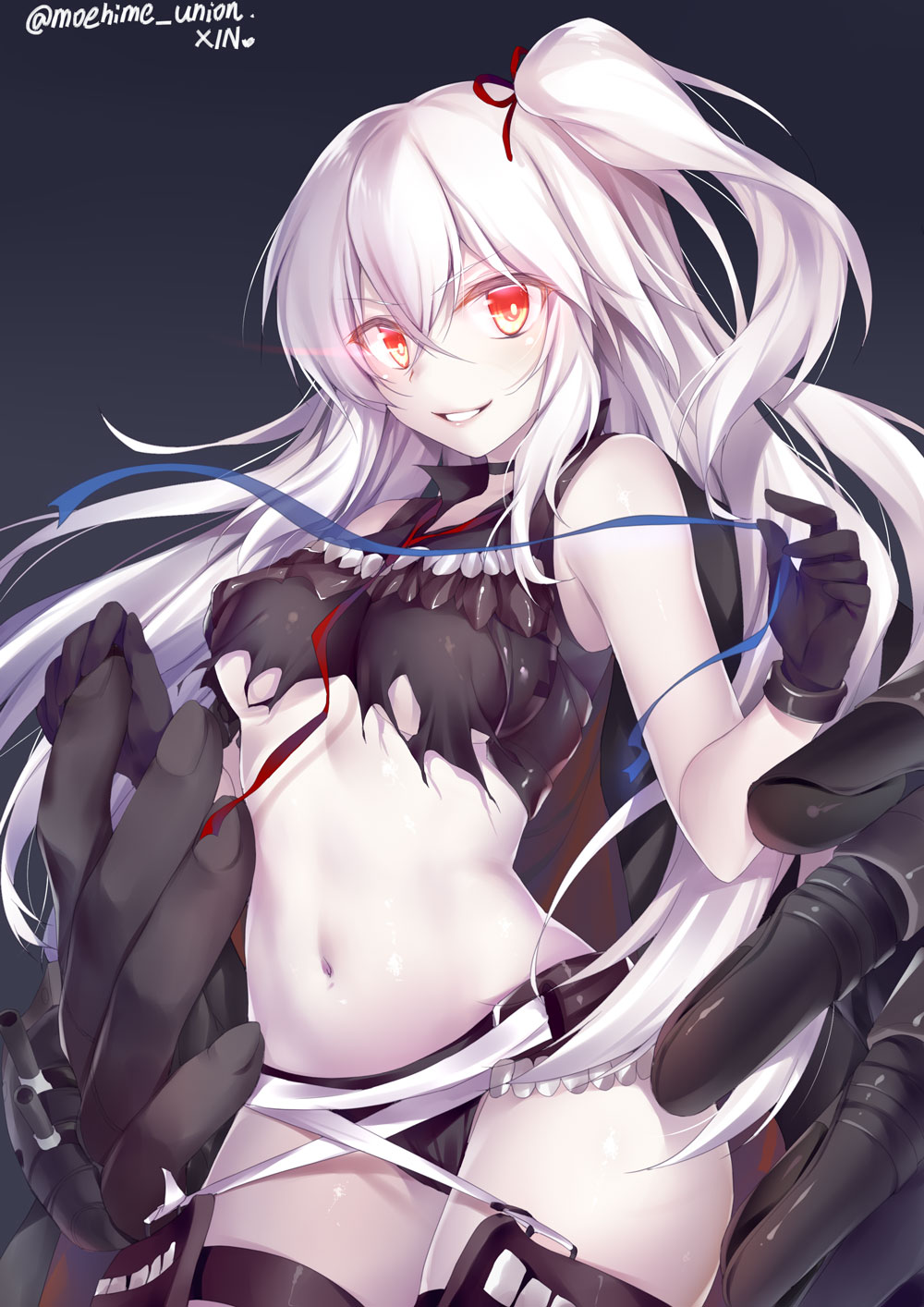 1girl breasts destroyer_water_oni gloves glowing glowing_eyes highres kantai_collection long_hair obiwan pale_skin red_eyes shinkaisei-kan side_ponytail sleeveless smile solo under_boob white_hair