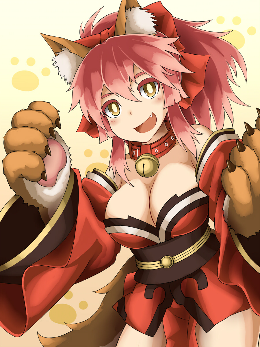 1girl animal_ears bell bell_collar breasts caster_(fate/extra) cleavage collar fang fate/grand_order fate/stay_night fate_(series) fox_ears fox_tail hair_ribbon highres japanese_clothes large_breasts long_hair looking_at_viewer open_mouth pink_hair ribbon solo tail tamamo_cat_(fate/grand_order) thigh-highs yellow_eyes yomura_(yohann48)