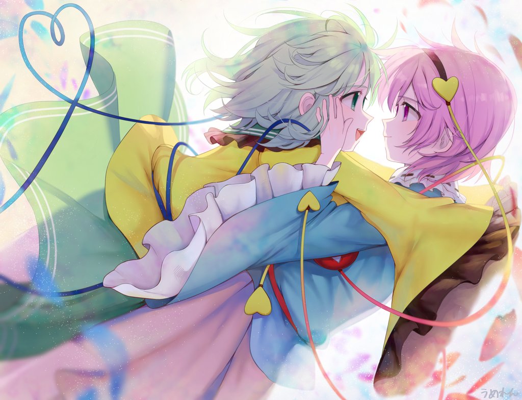 2girls eye_contact eyeball green_eyes green_hair hairband hands_on_another's_face heart heart_of_string hug komeiji_koishi komeiji_satori long_sleeves looking_at_another multiple_girls no_hat open_mouth outstretched_arms petals pink_hair profile shirt short_hair siblings sisters skirt smile string third_eye touhou ume_ren violet_eyes wide_sleeves