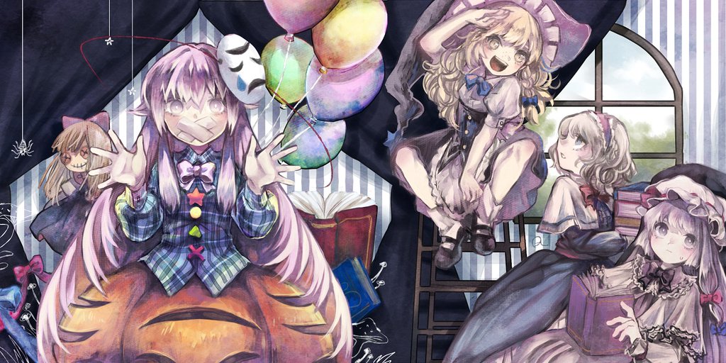 4girls alice_margatroid apron balloon blonde_hair blue_dress blue_eyes book book_stack braid bubble_skirt capelet corset covered_mouth crescent doll dress hair_ribbon hairband hat hat_ribbon hata_no_kokoro kirisame_marisa long_hair long_sleeves looking_at_another looking_at_viewer looking_up mary_janes mask mob_cap multiple_girls open_book open_mouth patchouli_knowledge pink_eyes pink_hair plaid plaid_shirt profile puffy_sleeves purple_hair ribbon sanso sash shanghai_doll shirt shoes short_hair short_sleeves side_braid single_braid skirt smile socks spider striped sweatdrop touhou tress_ribbon waist_apron white_legwear window witch_hat yellow_eyes