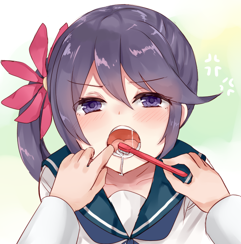 1girl akebono_(kantai_collection) anger_vein blush brushing_teeth chiune_(yachi) commentary_request finger_in_another's_mouth flower hair_flower hair_ornament kantai_collection long_hair long_sleeves looking_at_viewer open_mouth pov purple_hair saliva school_uniform serafuku side_ponytail solo_focus teeth toothbrush violet_eyes
