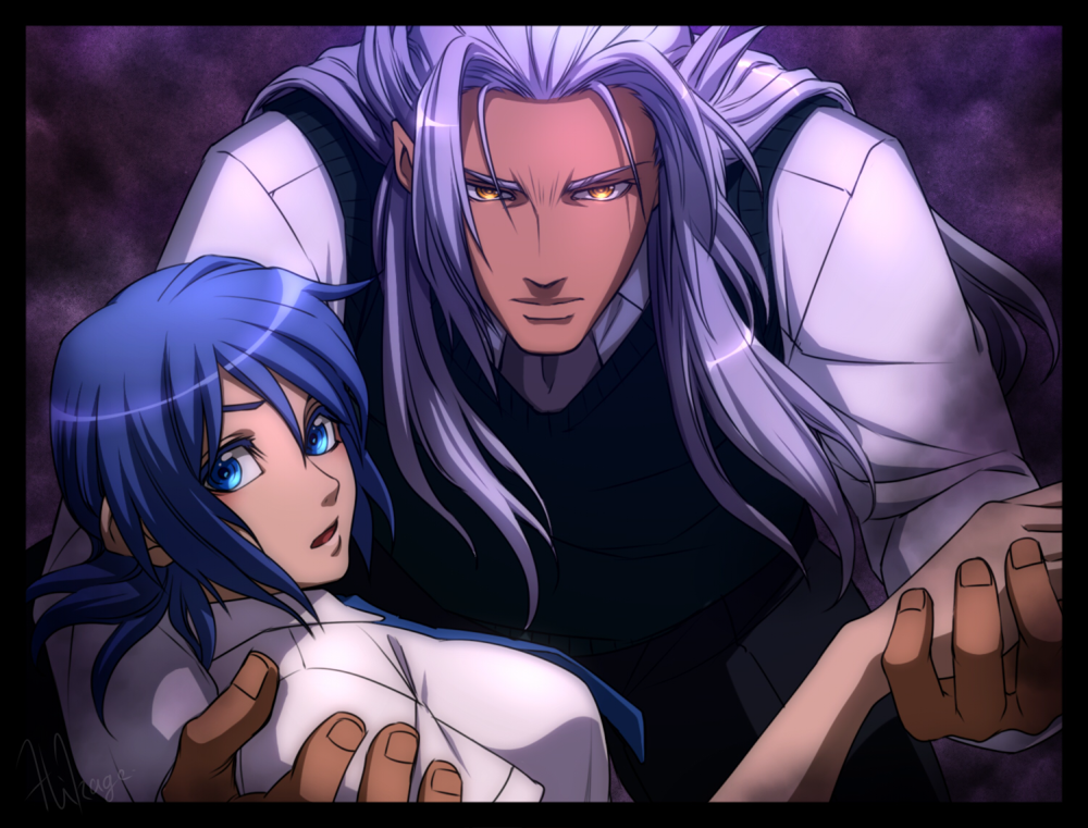 1boy 1girl alternate_costume aqua_(kingdom_hearts) banana_gyuunyuu blue_eyes blue_hair blue_necktie holding_hands kingdom_hearts long_hair looking_at_viewer necktie pointy_ears short_hair signature tan vest white_hair xemnas yellow_eyes