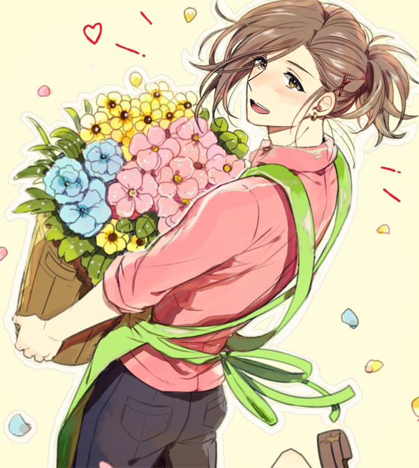 1boy apron blush brown_eyes brown_hair earrings egu_(encore2) flower from_behind hair_ornament hairpin heart idolmaster idolmaster_side-m jewelry looking_back male_focus open_mouth outline petals ponytail smile solo vase watanabe_minori yellow_background