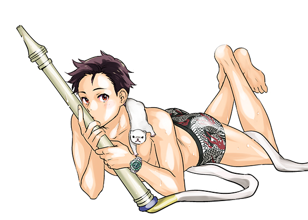 1boy :&lt; animal animal_on_shoulder ass barefoot black_hair blush boxer_briefs crossed_legs dragon_print feet ferret from_side full_body holding hose idolmaster idolmaster_side-m kimura_ryuu legs_up looking_at_viewer lying male_focus on_stomach red_eyes shirtless short_hair simple_background solo spiky_hair underwear underwear_only watch watch wet white_background youhe_hino