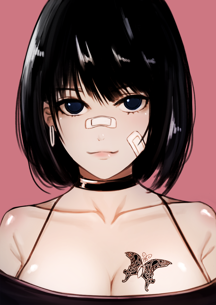 1girl bandaid bandaid_on_nose bangs bare_shoulders black_hair blue_eyes breasts butterfly_tattoo choker cleavage closed_mouth collarbone daydream_(zhdkffk21) earrings highres jewelry lips original pink_background portrait short_hair simple_background smile solo spaghetti_strap tattoo upper_body