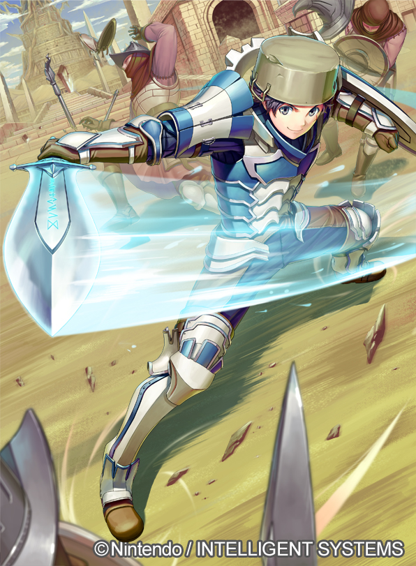 4boys alternate_costume armor black_hair broken_shield copyright curly_hair donny_(fire_emblem) fire_emblem fire_emblem:_kakusei fire_emblem_cipher holding holding_weapon looking_at_viewer motion_lines multiple_boys official_art pot pot_on_head shield souto_(0401) watermark